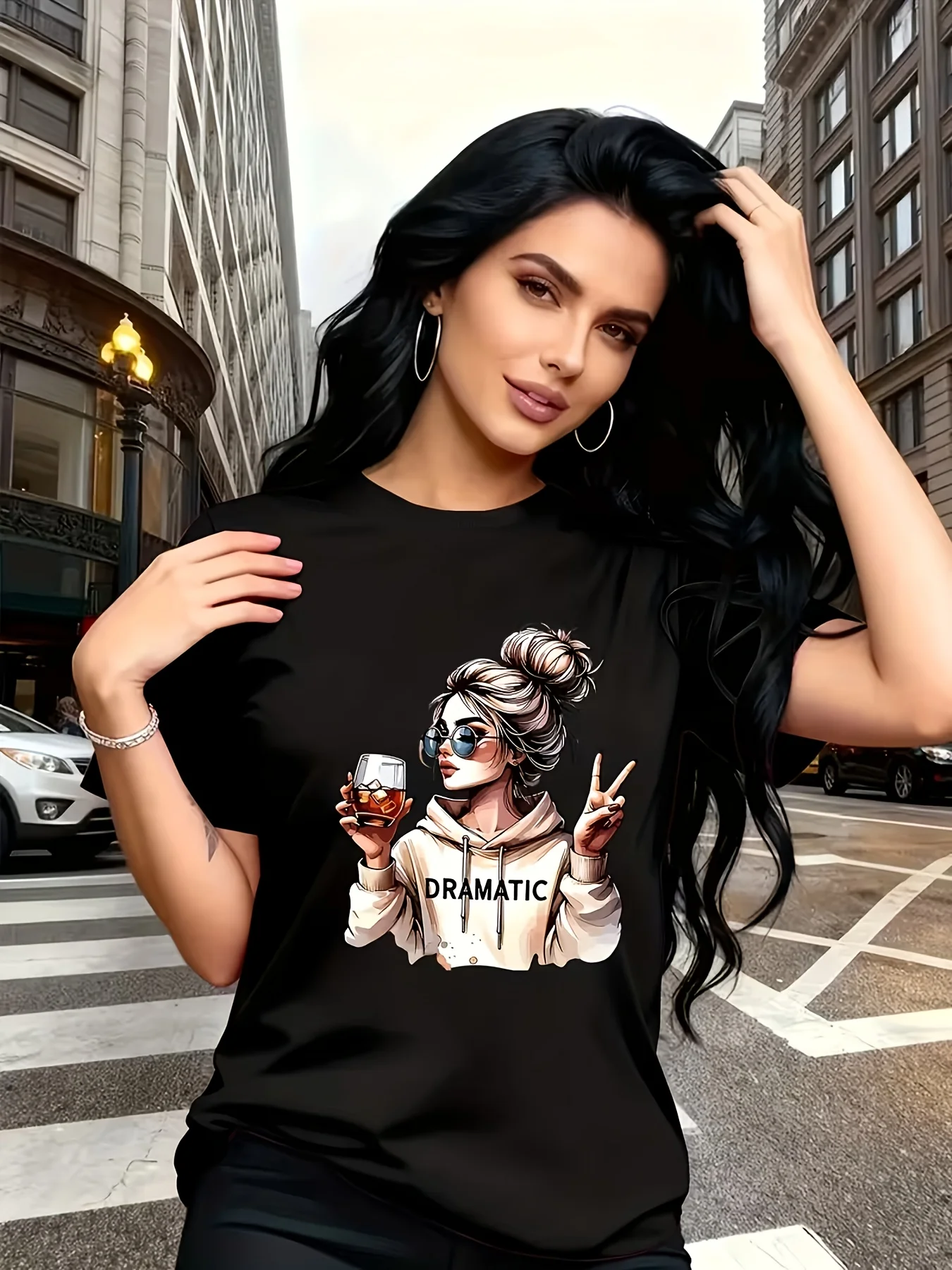 Pull Cool Style Hand Drawn Cool Girl DRAMATIC Copy Printed T-shirt Casual Biye Glass Pattern Comfortable Fabric Daily Casual Top