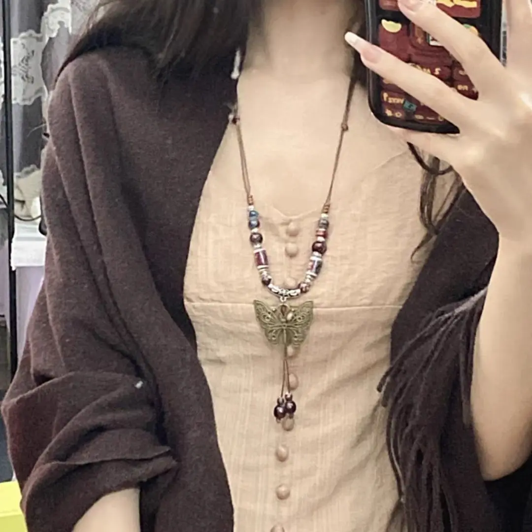 Ethnic Artistic Cotton Linen Ceramic Necklace For Women Butterfly Forest Style Versatile Long Sweater Chain Tassel Pendant