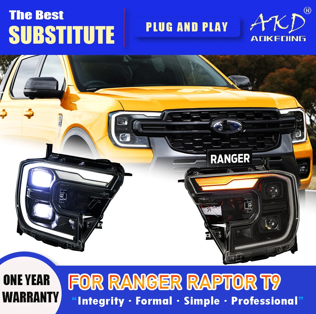 AKD Head Lamp for Ford Ranger Raptor T9 LED Headlight 2023 Headlights Ranger DRL Turn Signal High Beam Angel Eye Projector