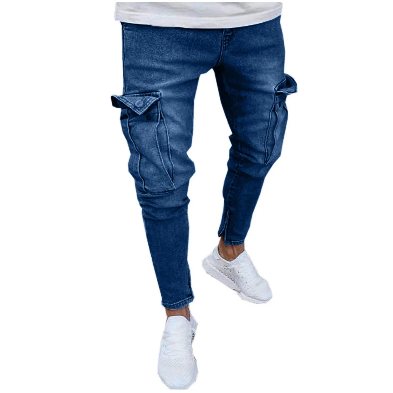 Mens Stretch Denim Pant Distressed Ripped Frayed Slim Fit Pocket Jeans Trousers Sports Wild Vintage Hip Hop Street Trousers 2024