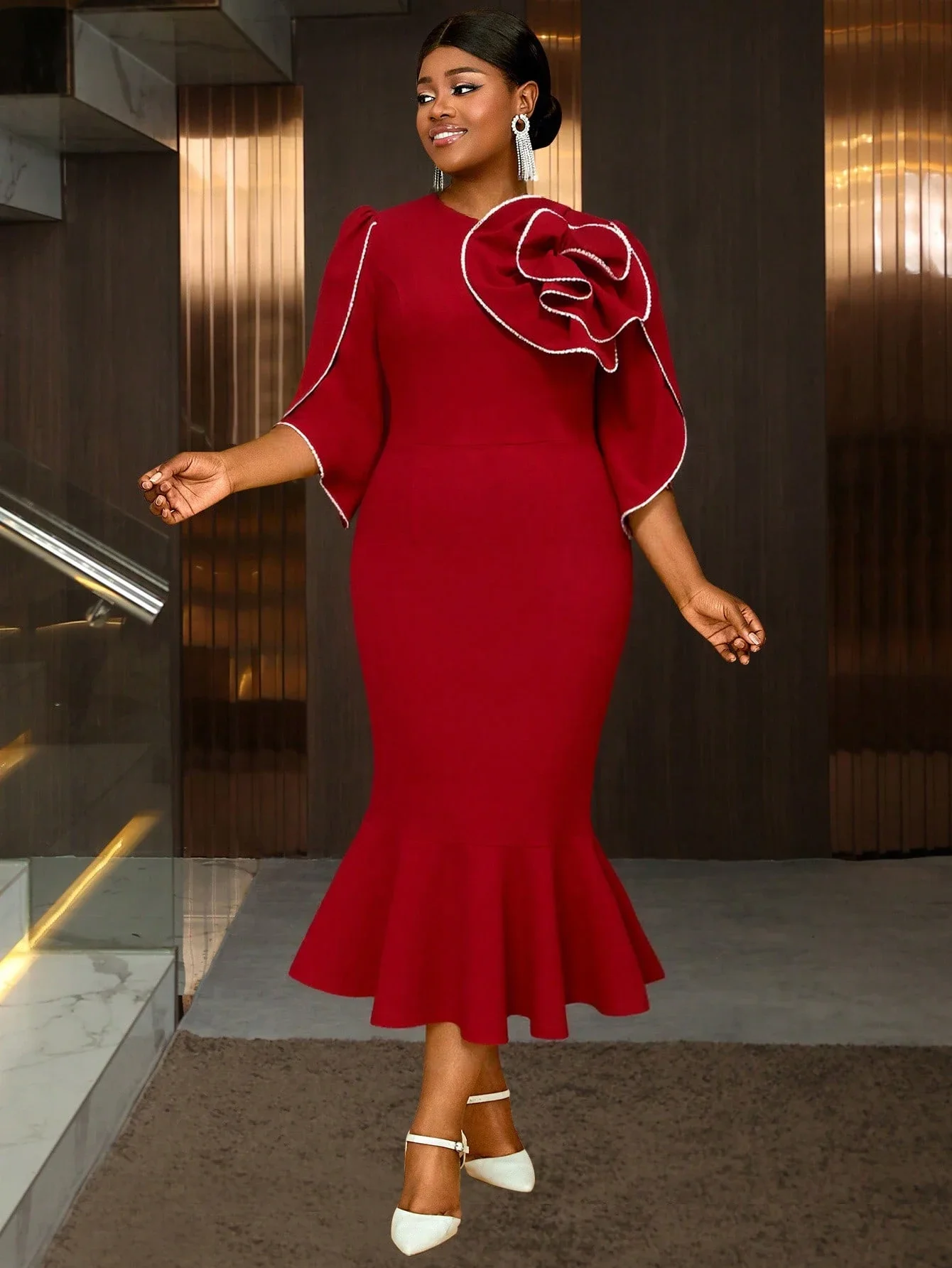 

Plus Size Red Mermaid Midi Dress With 3D Rose And Lace Trim Petal Sleeves Elegant Formal