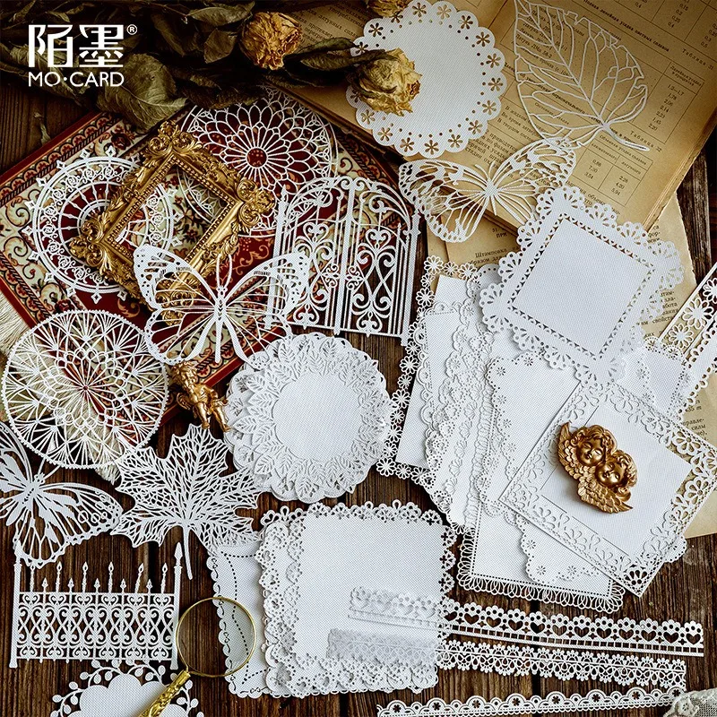 10 Pcs Vintage Lace Paper stickers Set 8 Styles with Alice Tea Party Theme for Journal Scrapbook and DIY Crafts