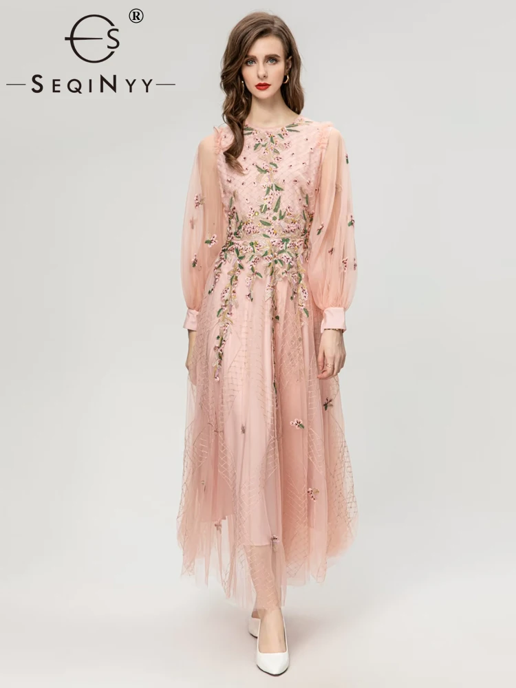 

SEQINYY Pink Long Dress Summer Spring New Fashion Design Women Runway High Street Vintage Embroidery Flower Sequined Mesh Party