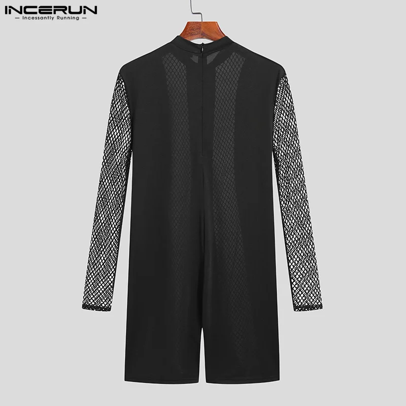 INCERUN 2024 Sexy Mesh Loungewear New Mens See-through Mesh Bodysuit Sexy Stylish Male Splicing Solid Long-sleeved Rompers S-5XL