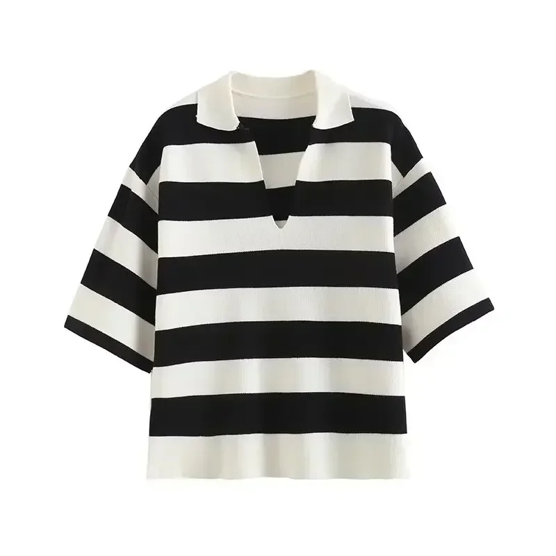 Women's Fall 2023 Fashion Casual Loose College Wind Striped Knitted Short-sleeved Sweater Retro Lapel Women's Pullover Chic Top