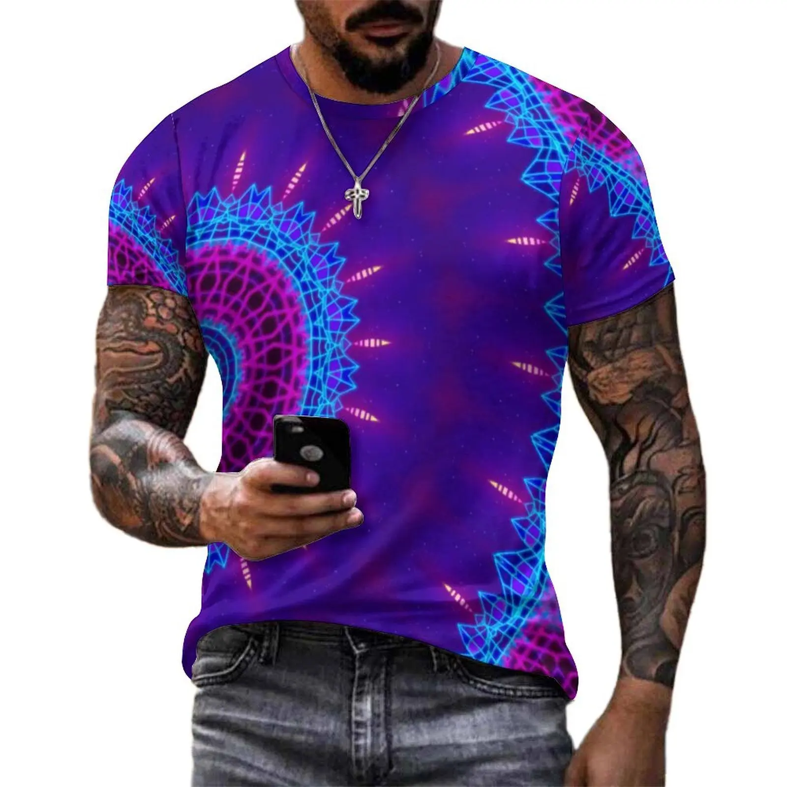 Male Tokyo Sunset T-Shirt Neon Rave Mandala Cool T-Shirts Short Sleeve Pattern Tshirt Hot Sale Original Streetwear Oversize Tees