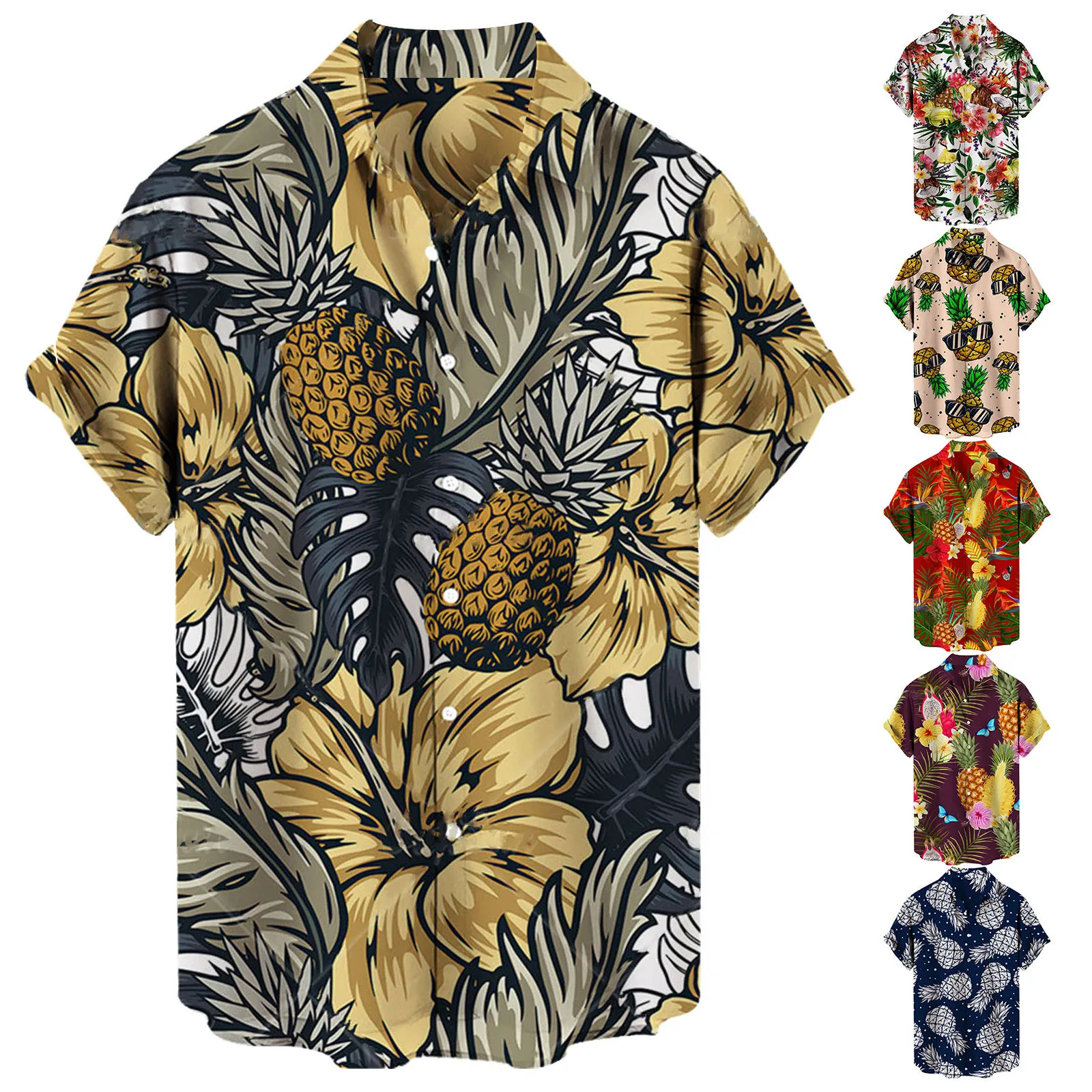 Casual Men's Loose Lapel Print Short Sleeve Cuffs Button Port Style Floral Shirt Sand Beach Hawaiianss Summer Top