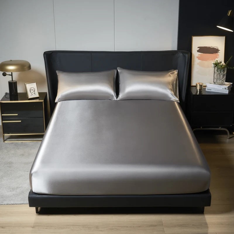 1 Simple Modern Satin Solid Color Fitted Sheet , Solid Color Ice Silk Bedspread for Bedroom , Bedding (Excluding Pillowcases)