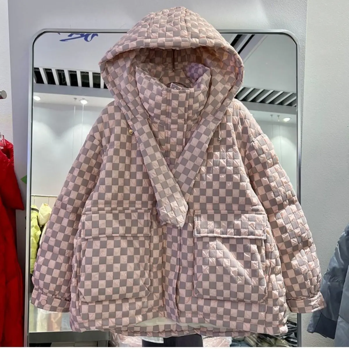 2024 Korean Plaid Down Cotton Jacket For Women Jacquard Thick Down Cotton Zip Up Hooded Jacket For Winter Cotton Outwear Female