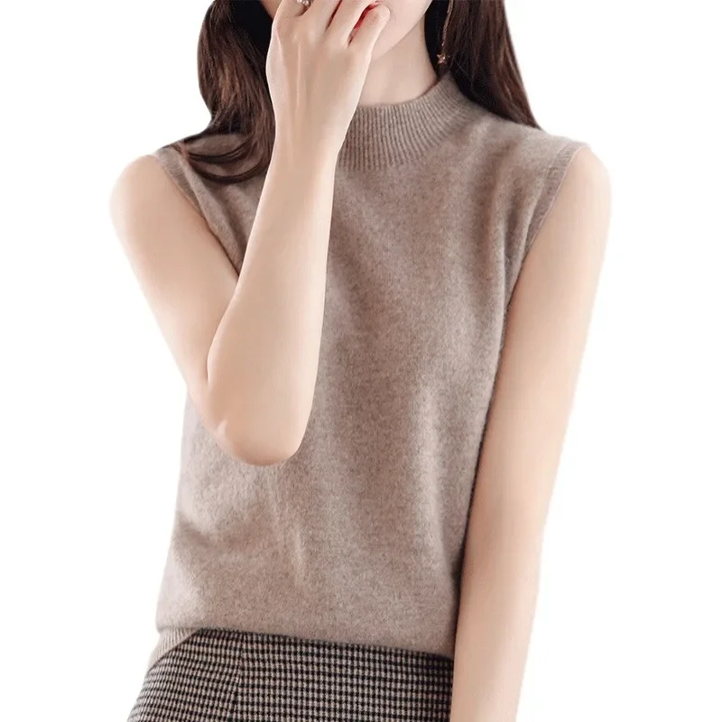 Women Sweater Casual Warm Spring Autumn Bottoming Shirts Mock Neck Basic Knitwear Sleeveless Pullovers Korean Fashion Jumper