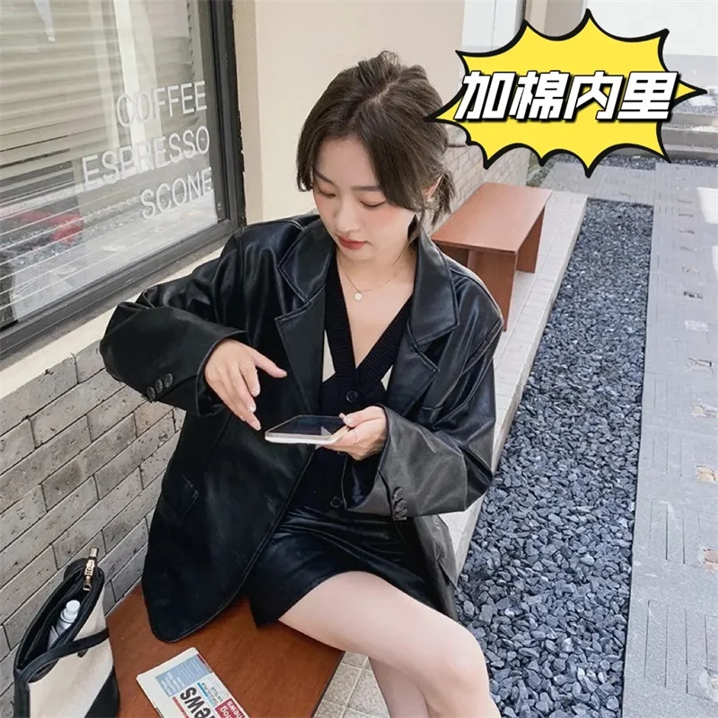 2025 여성 루즈핏 PU 가죽 아우터 한국 여성 패션 인조 가죽 수트 재킷 봄 가을 여성 레저 PU 가죽 코트