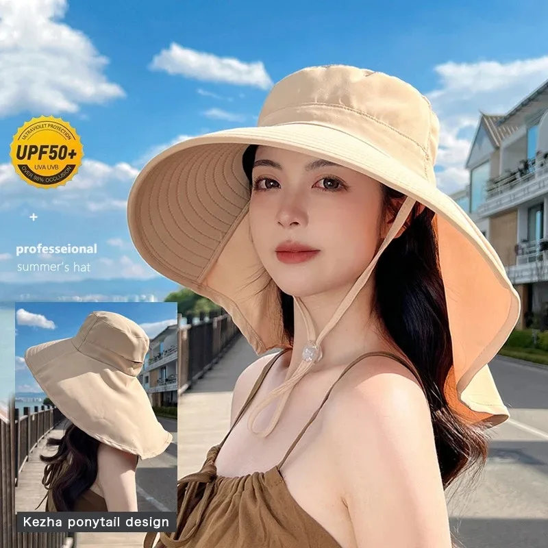 2024 Korean Women Summer Sun Hat Large Brim Neck Protection Sunshade Hats Cotton Solid Color Fisherman Cap Ladies Visors 모자