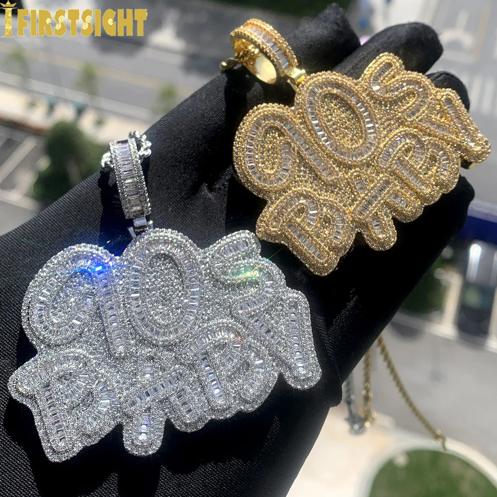 Iced Out Letter 90s Baby Prong Necklace Pendant for Men Silver Color Bling Cubic Zirconia Charm Hip Hop Jewelry