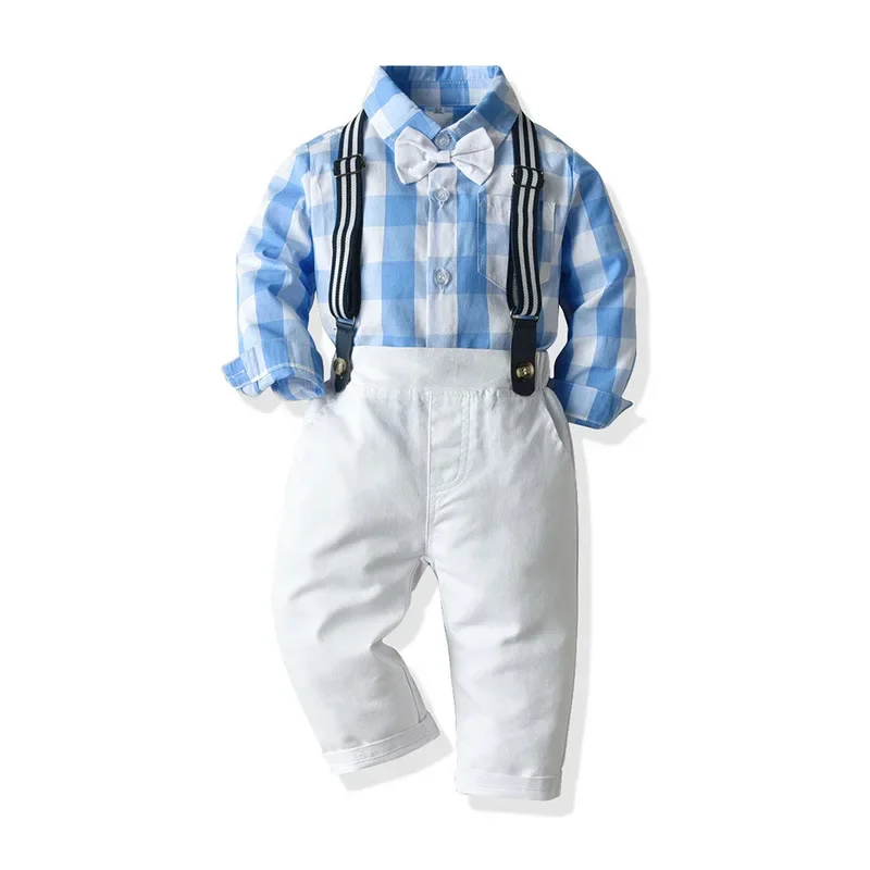 Instagram autumn childrens clothing men's plaid long sleeved necktie shirt and suspender pants childrens two-piece set 아기 코스프레