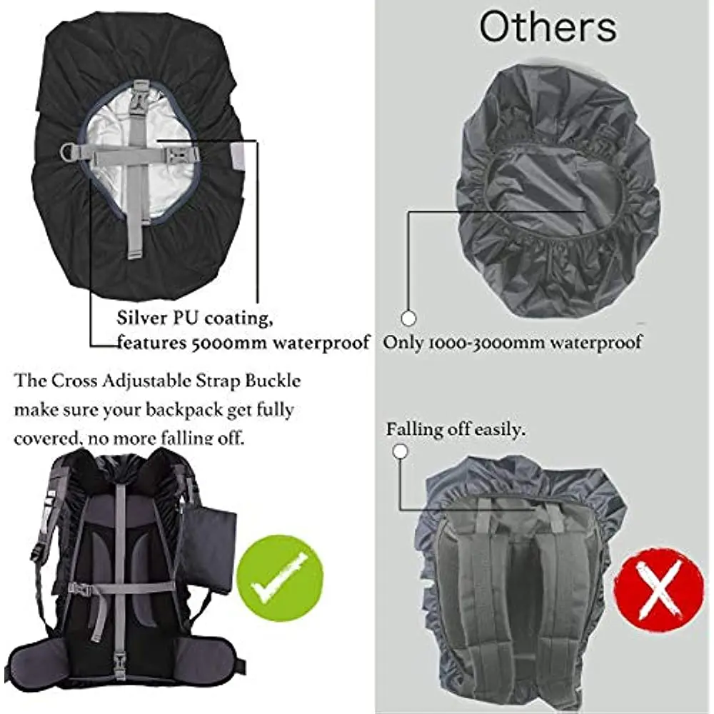 Waterproof Backpack Rain Cover Reflective with Strap 15L-65L Rucksack Cover Upgraded Cross Buckle Hiking Camping Cycling