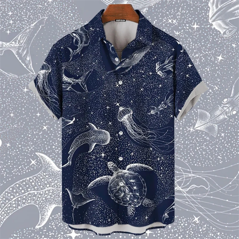 2024 Nieuwe Heren Hawaii Shirts Zeedieren Print Zomer Oversized T-Shirt Mannen Vrouwen Haaien Walvissen Turtl Grafische Korte Mouwen Tops