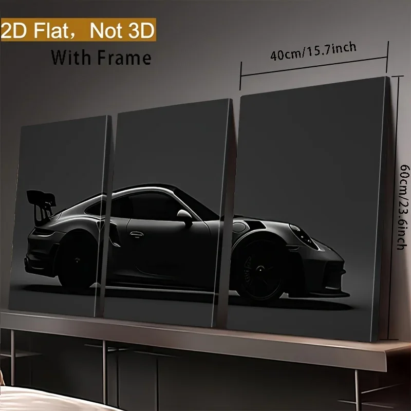 3 Sets Black Sports Car Canvas Wall Art Dark Tone Triptych High-Quality Spray Paint Vertical Decor for Home Or Office