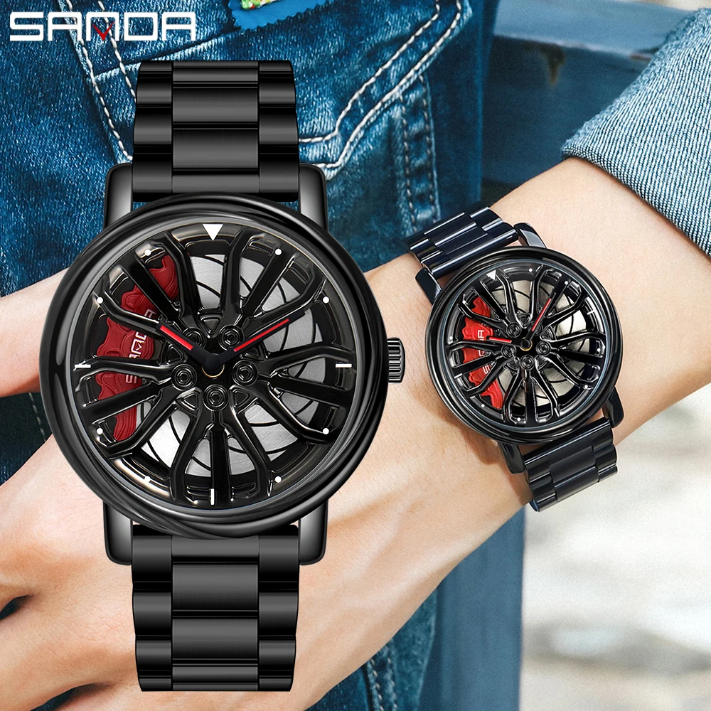 Men Fashion Hot Sell Car Rim Wristwatch 360 Degree Rotating Wheel Rim Dial Watches Stainless Steel Waterproof Sport Quartz Clock