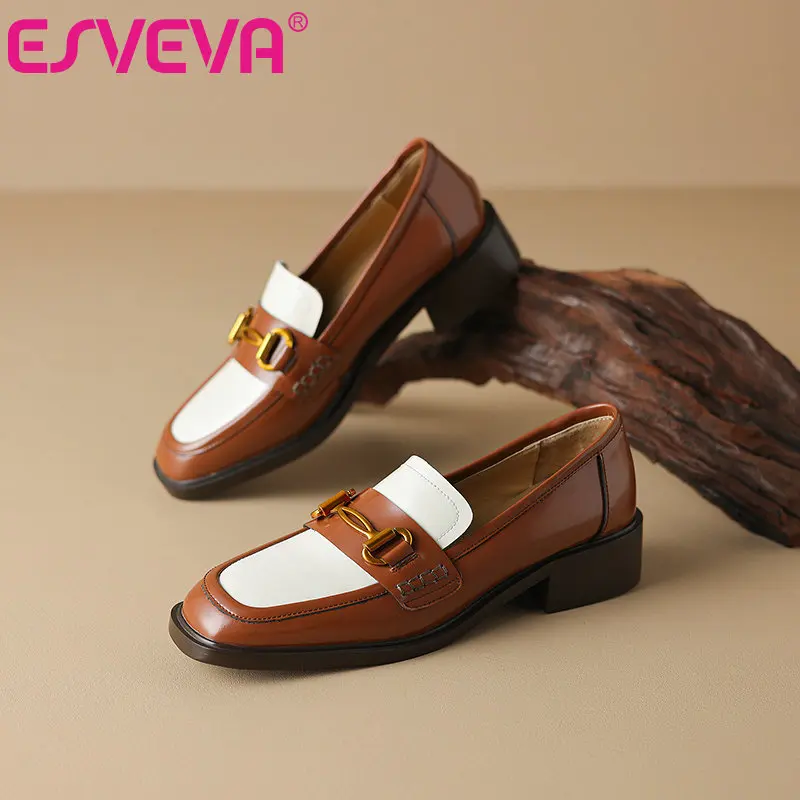 

ESVEVA 2024 new genuine leather loafers, round toe women's single shoes with heel sole, retro college style, size: 34-41