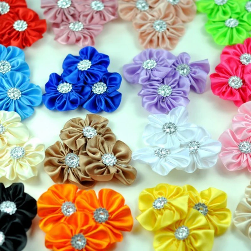 (5pcs/lot) 16Colors Triple Satin Ribbon Flower With Bling Rhinestone Silk Artificial Flowers For Wedding Decoration