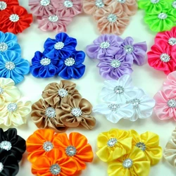 (5pcs/lot) 16Colors Triple Satin Ribbon Flower With Bling Rhinestone Silk Artificial Flowers For Wedding Decoration