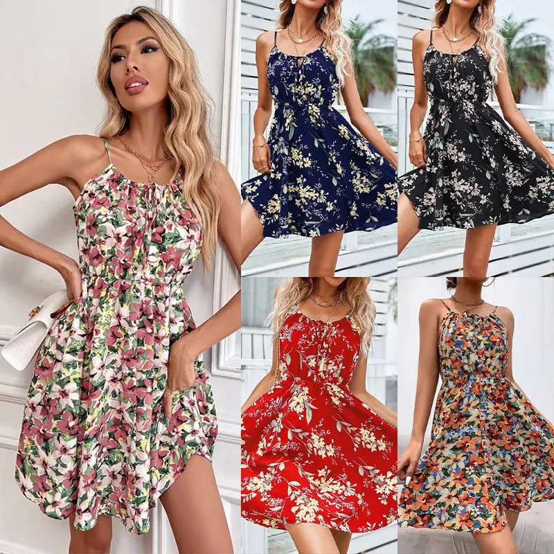 

2024 Summer Women New Mini Dresses Fashion Floral Dress Sleeveless Backless Dress Lady Casual Elastic Waist Short Party Vestidos