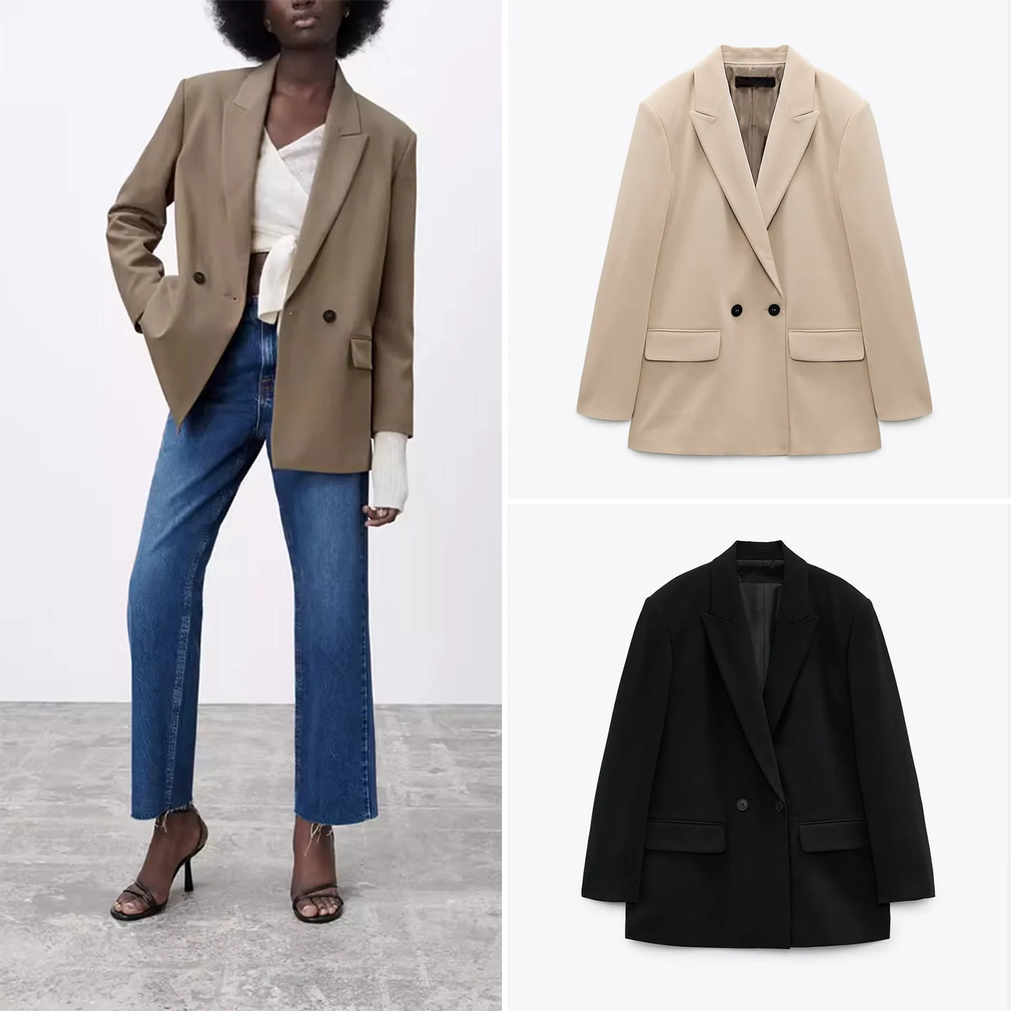 

New Women's Bla Loose Double-Breasted Suit Jaet Faionable Versatile Long Sve Busin Casual Sle Chinese Manufacturer