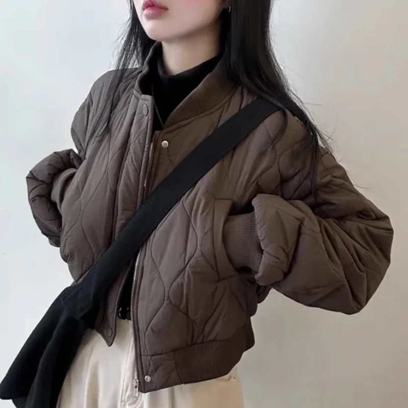 Korean Winter Simple Temperament Small Stand-up Collar Zipper Loose All-match Solid Long Sleeve Rhombus Cotton-padd Jacket Coat