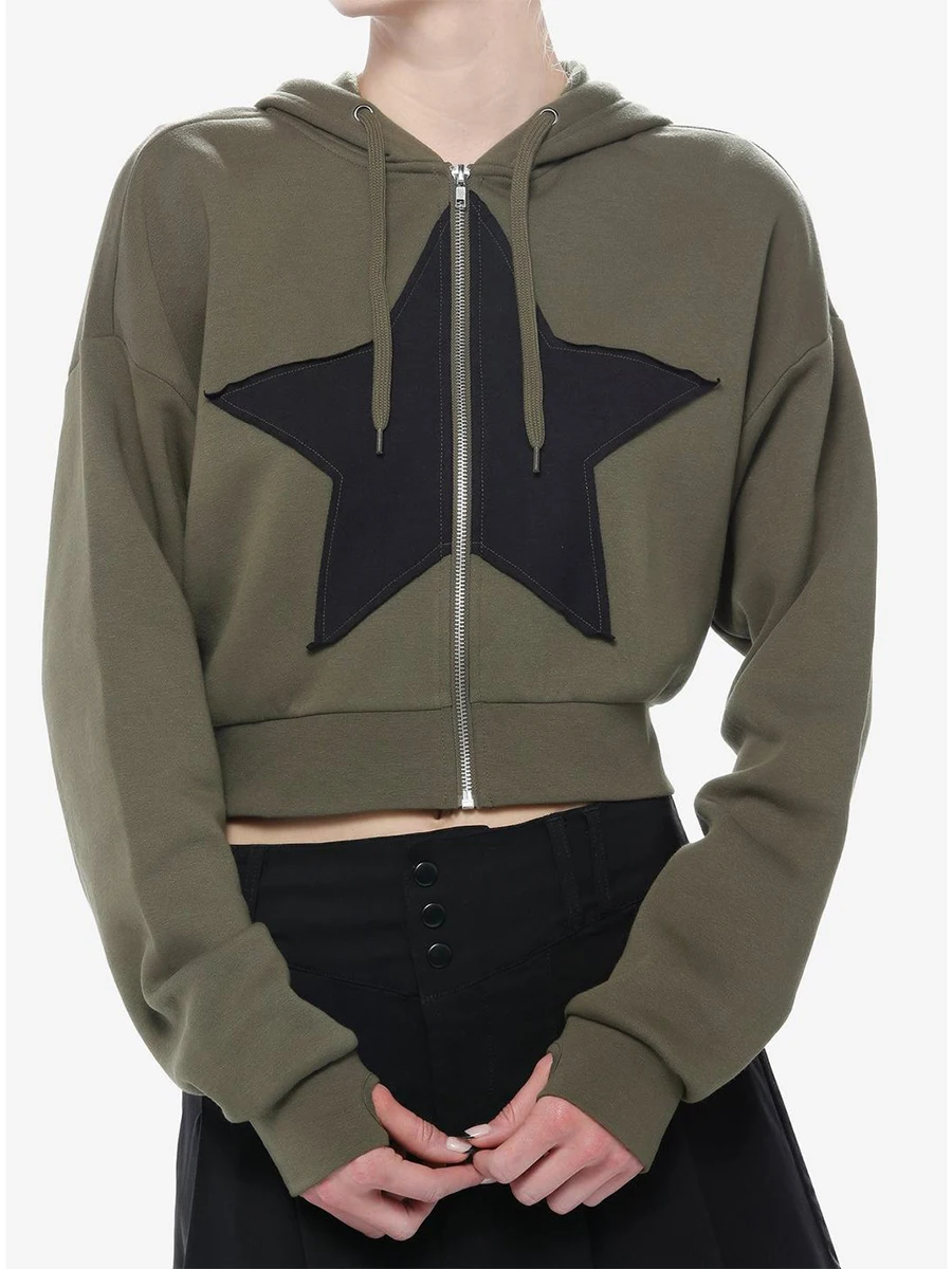 Women Zipper Closure Hoodies Stars Print Long Sleeve Crop Tops Aesthetic Sweatshirt for Spring Fall Casual Streetwear