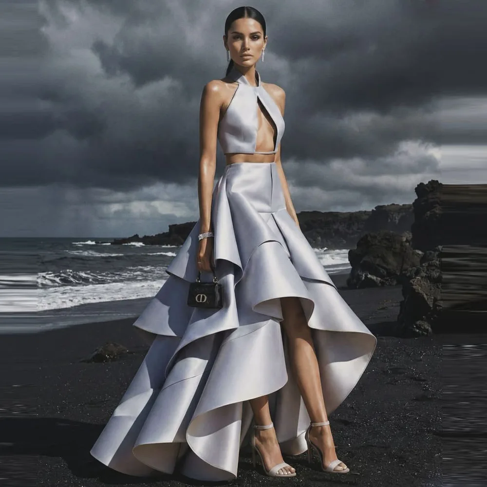 

Серебристые атласные платья из двух частей с асимметричным подолом для дня рождения, летние праздничные платья, выпускные платья, простые вечерние платья на заказ