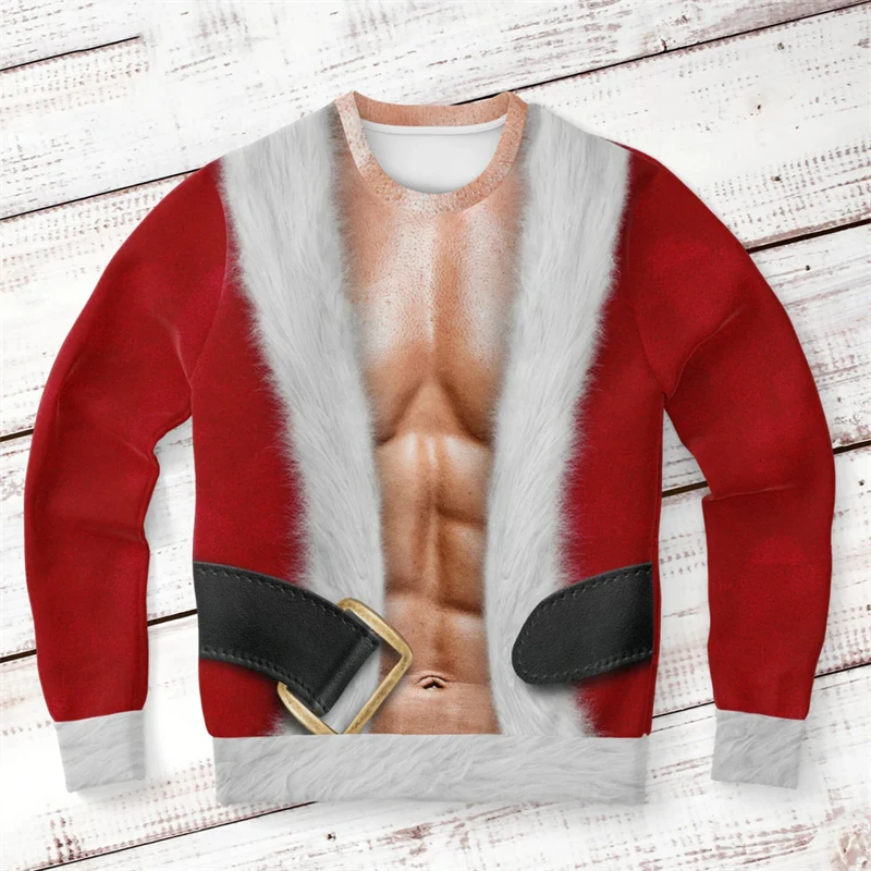Funny Cosplay Muscle Santa Claus Ugly Sweater Festival Personality Humour Pullover Sweatshirt Christmas Clothing Fashion Top