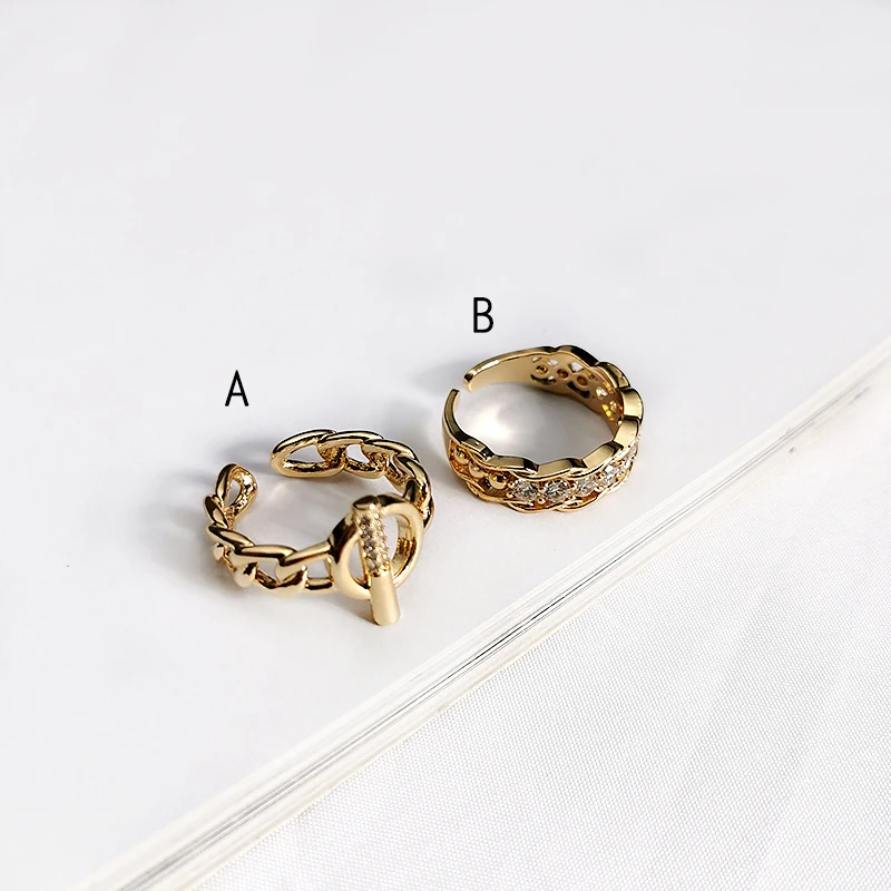 Peri\'sBox 2 Designs OT Clasp Gold Color Rings Curb Link CZ Stone Geometric Rings for Women Minimalist Chain Open Ring Adjustable