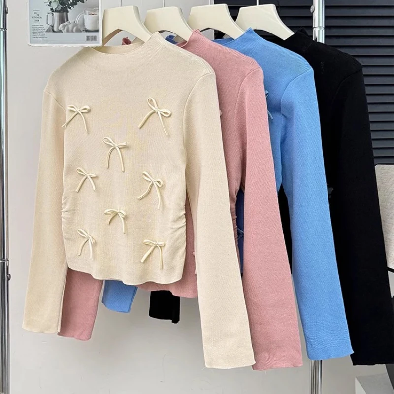 Spring Autumn Solid Color Half-high Neck Three-dimensional Bow Sweet Slim Fit Fashionable Knit Long-sleeved Top