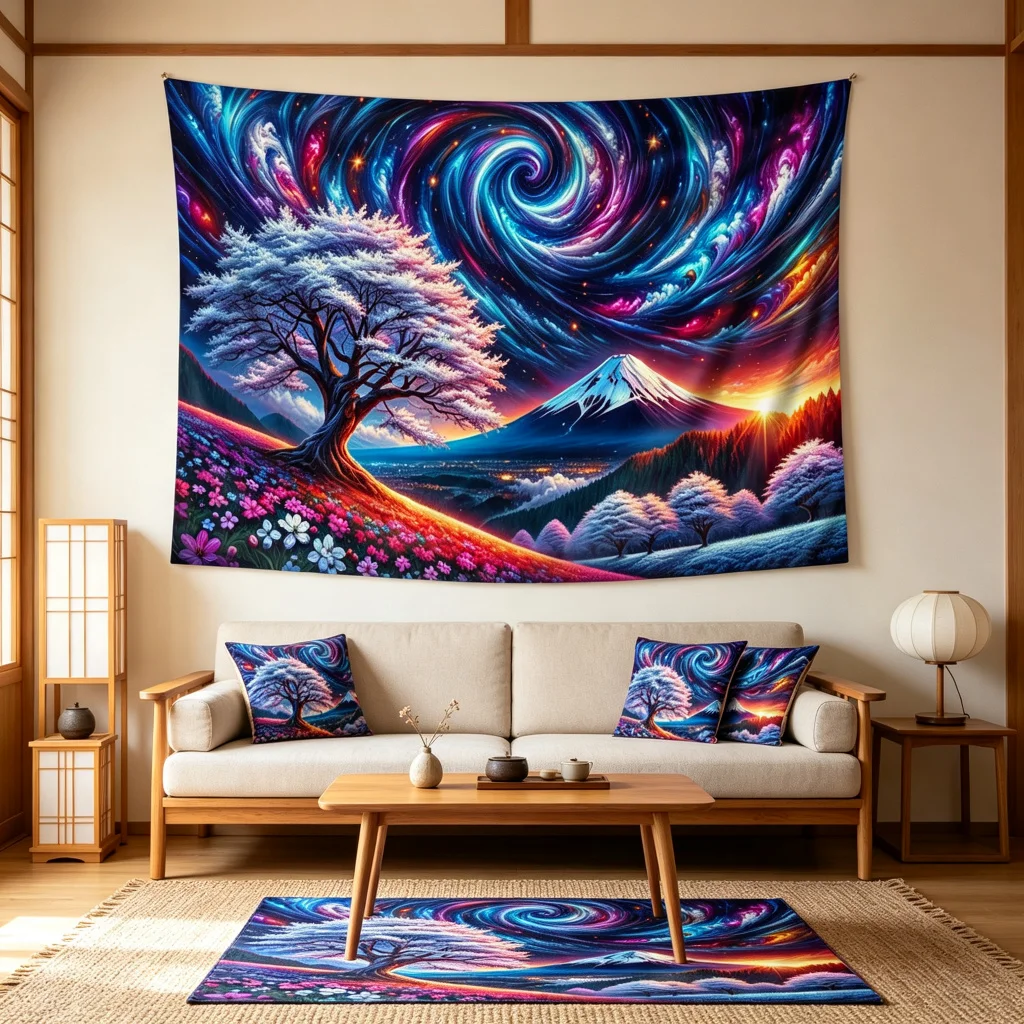 1PC Sakura Tree Fuji Starry Print Backdrop Banner, Bedroom Living Room Photo Background, Polyester, Home Decor, Wall Art