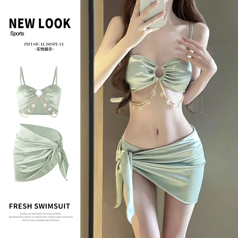 2023 Trend Women Bikini Set Light Green Sexy Push Up Swimwear 3-częściowy strój kąpielowy Letni strój kąpielowy Maillot De Bain Female