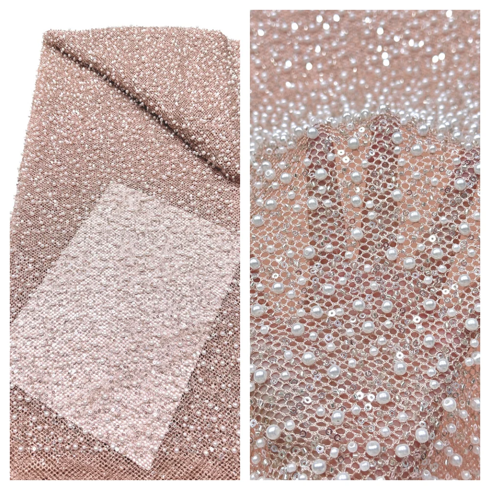 

2026 Luxurious African Pearl Beaded Net Mesh Lace Fabric Embroidery Sequins French Tulle Lace for Nigerian Wedding Party Dress