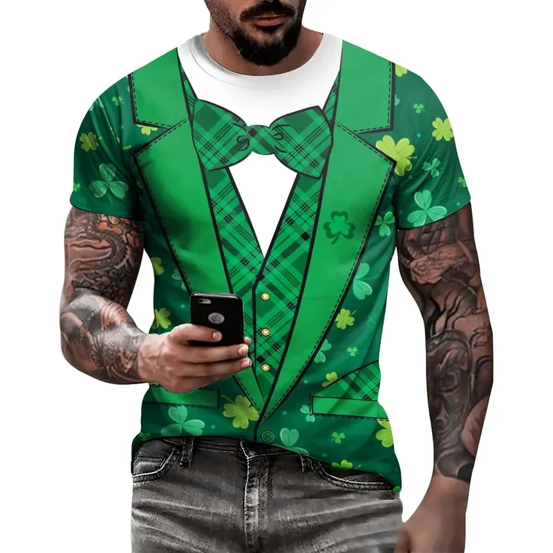 Eciodci Men's St Patricks Day T Shirt 3D Printed Shamrock Tuxedo Tee Clover Leaves Casual Short Sleeve Top Novelty Gift