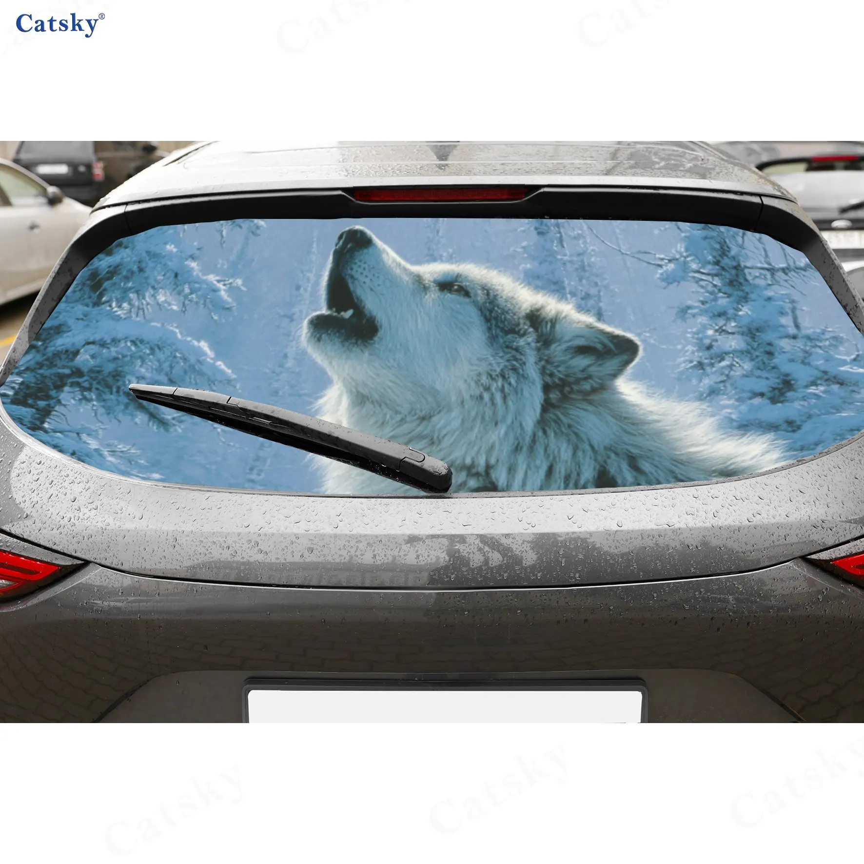 

White Wolf Roaring with Snowflakes PVC Perforated Car Vinyl Wraps, Durable Car Rear Windshield Sticker, Waterproof Car Rear Wind