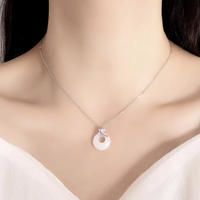 New Chinese Style Orchid White Jade Safety Buckle Necklace Women\'s Winter High-end Feeling Elegant 925 Silver Necklaces KOFSAC