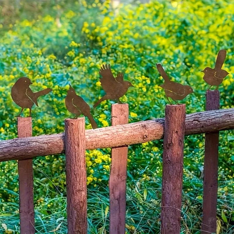 5Pcs Vintage Rusty Bird Decor, Metal Sparrow & Robin Garden Ornaments, Durable Cast Iron Bird Art for Garden Fence & Yard-2D