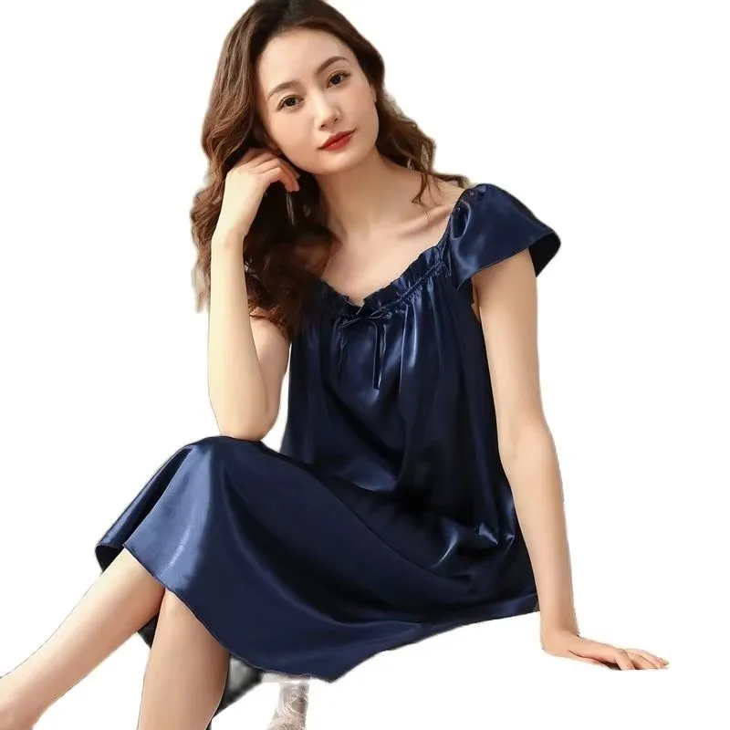 Newest M-5XL Silk Pajamas For Women Nightgown Nightdress Nighty Short Sleeve Luxury Brand Solid Silk Ladies Sleepwear