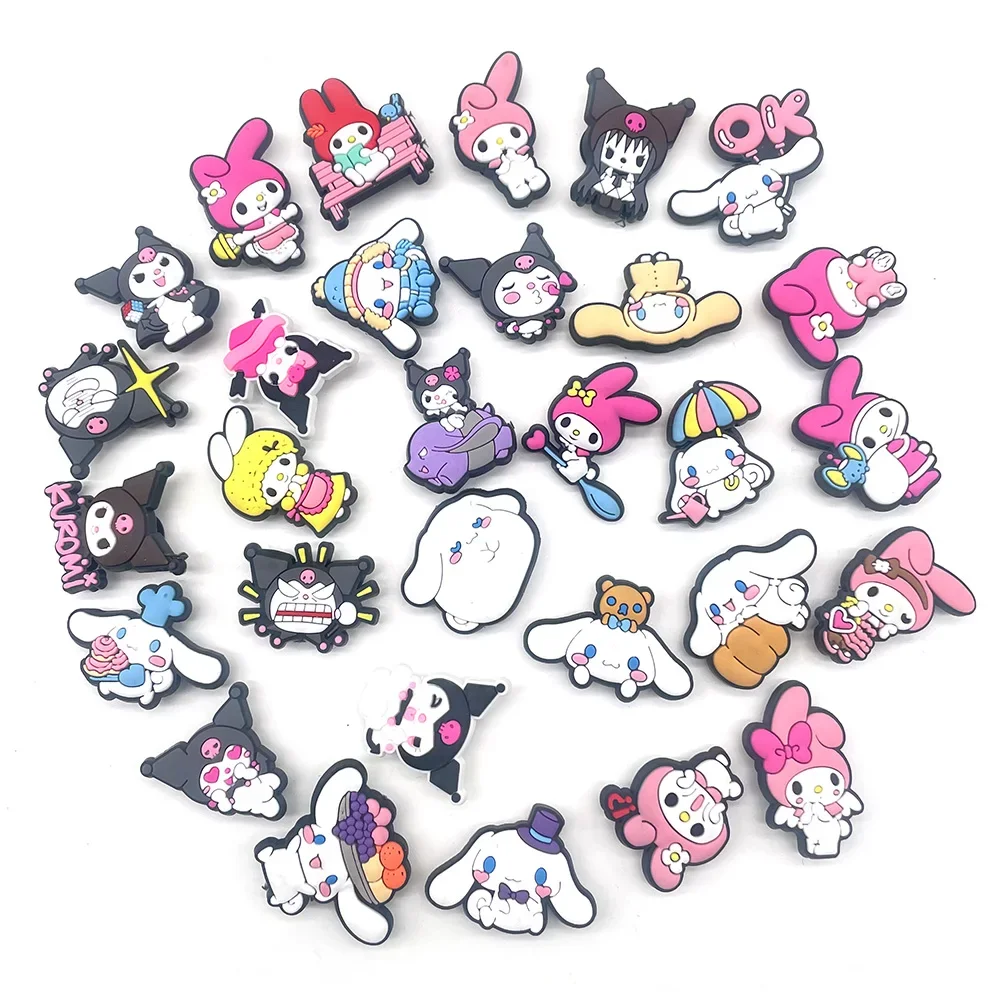 10-30 sztuk Sanrio buta Charms Kawaii Kuromi Cinnamoroll melodia akcesoria do obuwia dekracji krokodyle DIY sandały dla prezenty dla dzieci