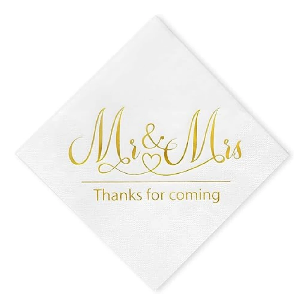 

50pcs Custom Wedding Napkins Mr & Mrs Gold Cocktail Beverage Napkins for Wedding Reception Decorations Shower Engagement Party