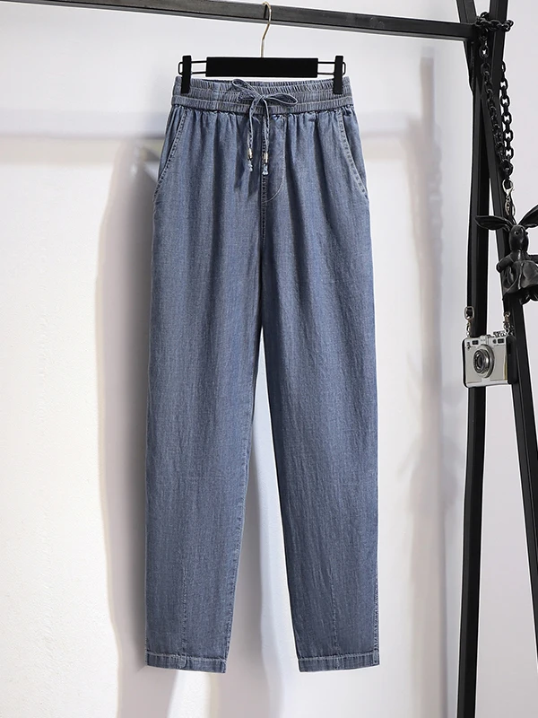 

Летние тонкие джинсы с высокой талией для женщин, большие размеры, эластичный пояс, прямые брюки-клеш, повседневные, свободные, джинсы-харлан