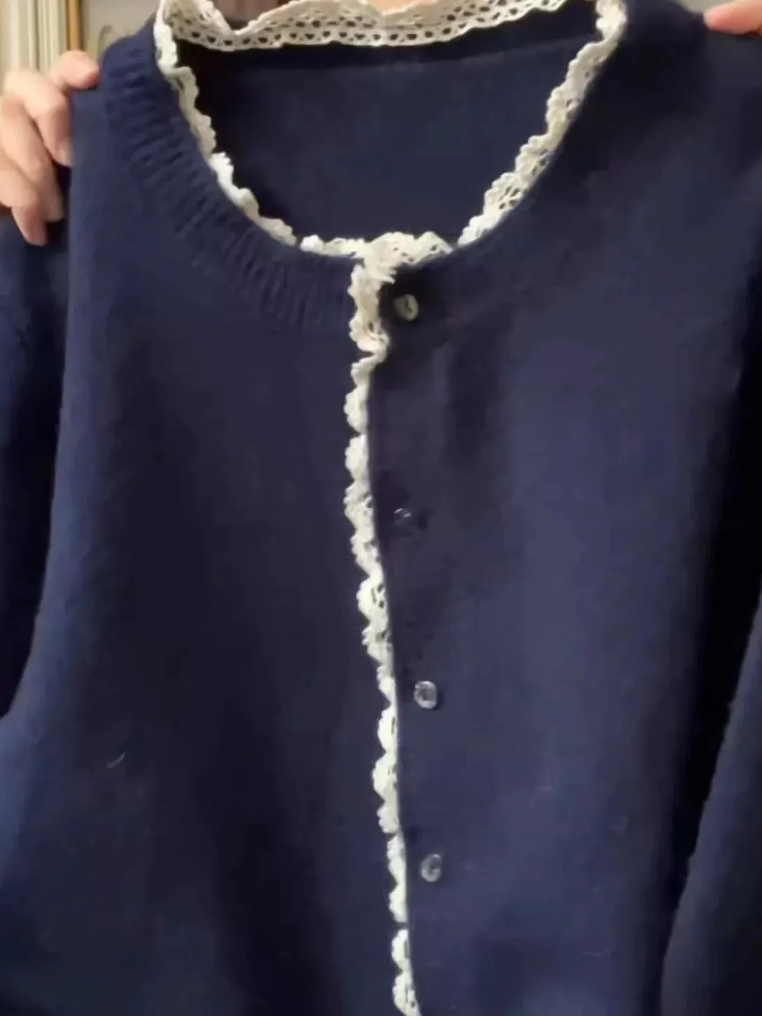 

Soft Lazy Sle Lace Trim Knitted Open Cardigan Women's Royal Blue Slimming Versatile Top Autumn New Arrival Straight Tube ...