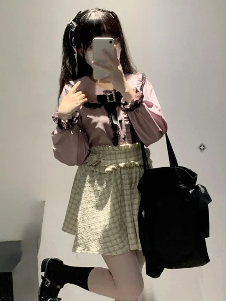 Doce lolita blusas femininas primavera verão moda japonesa harajuku laço arco camisas de manga longa feminino kawaii topos blusas