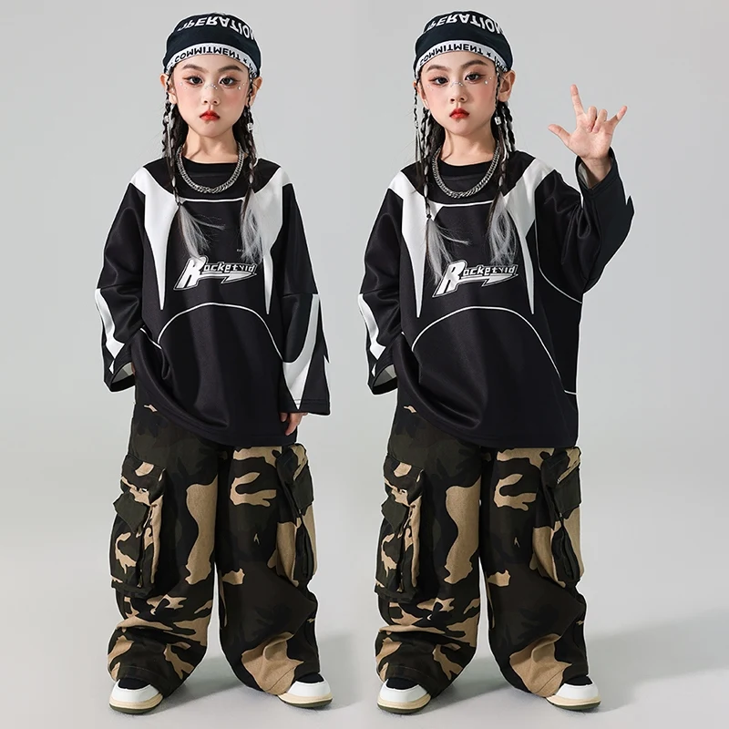 

2025 Modern Jazz Dance Costumes For Girls Loose Hoodie Tops Camouflage Pants Outfits Boys Fashion Hip Hop Stage Wear DQS18432