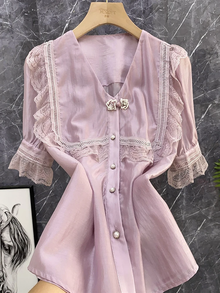 

Новая женская летняя модная блузка в китайском стиле с V-образным вырезом, кружевной вышивкой, однотонная, с рукавами-фонариками, для повседневной носки