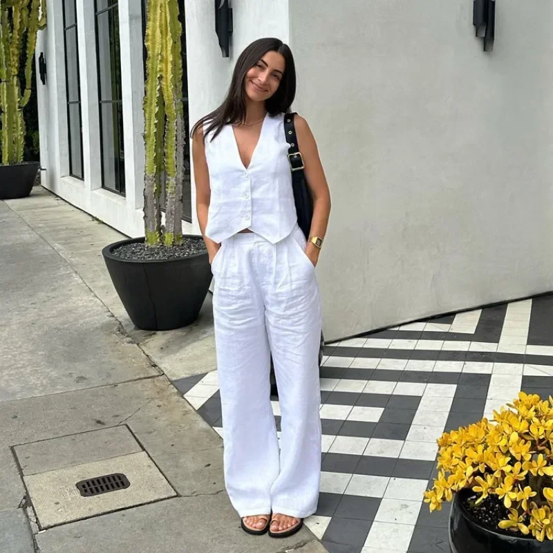 Summer White Linen Two Piece Set for Women Fashion Sleeveless Tank Top New Matching High Waist Wide Pants Set