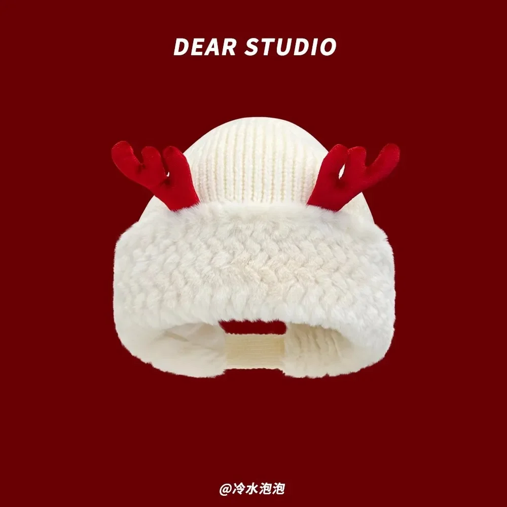 Christmas Deer Antlers Plush Hat for Women - Soft Warm Winter Hat, Cute Photo Prop, Flattering Skin-Tone Enhancer